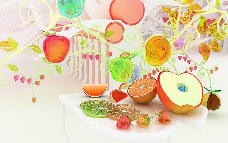фрукты, компьютерная графика, апельсины, клубника, хроматической, яблоки, К3 Студия - обои на рабочий стол