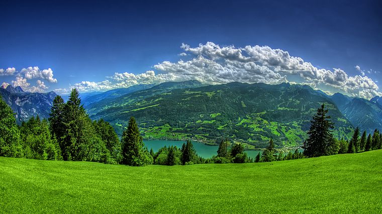 горы, облака, пейзажи, деревья, трава, города, Озеро Люцерн - обои на рабочий стол