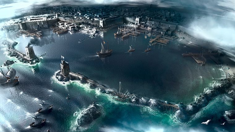 видеоигры, облака, Assassins Creed, города, корабли, произведение искусства, порт, море - обои на рабочий стол