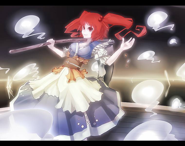 девушки, Тохо, коса, рыжеволосые, оружие, шинигами, короткие волосы, Onozuka Комачи - обои на рабочий стол