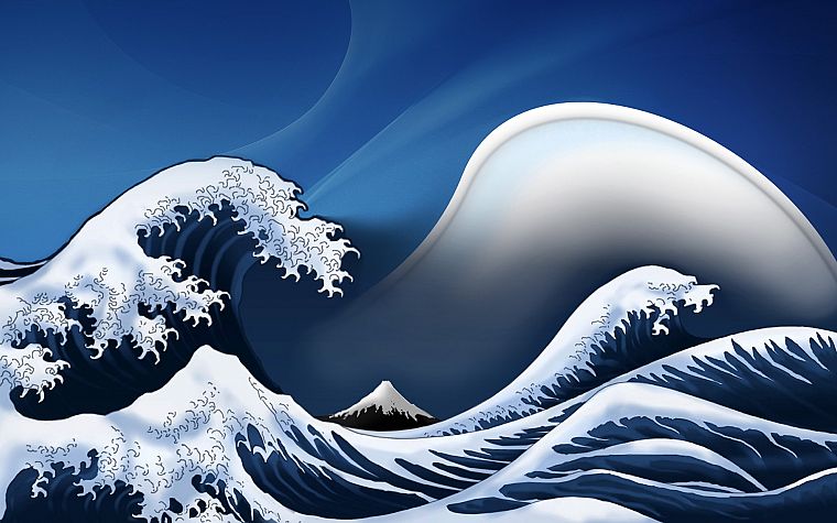 волны, цифровое искусство, произведение искусства, Большая волна в Канагава - обои на рабочий стол
