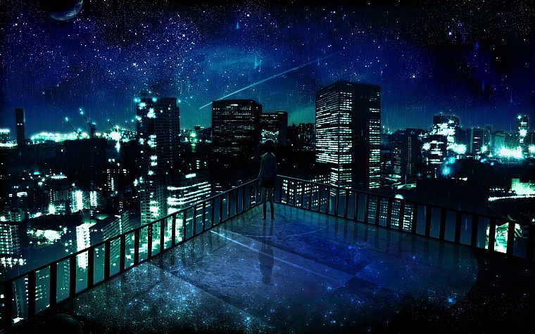 космическое пространство, города, ночь, звезды, балкон, здания, одиноко, городские огни, произведение искусства, манга, ночные пейзажи - обои на рабочий стол