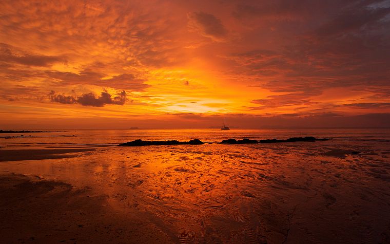 закат, океан, пейзажи, природа, песок, оранжевый цвет, корабли, пляжи - обои на рабочий стол