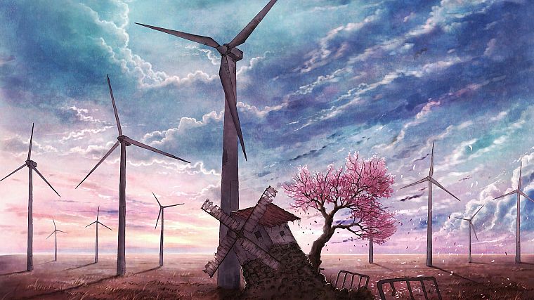 пейзажи, произведение искусства, ветряные мельницы - обои на рабочий стол