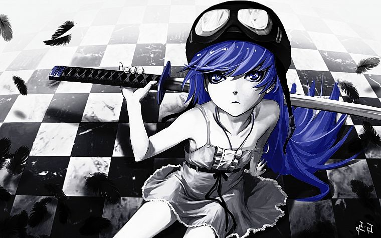 синие волосы, Bakemonogatari (Истории монстров), Ошино Синобу, серия Monogatari - обои на рабочий стол