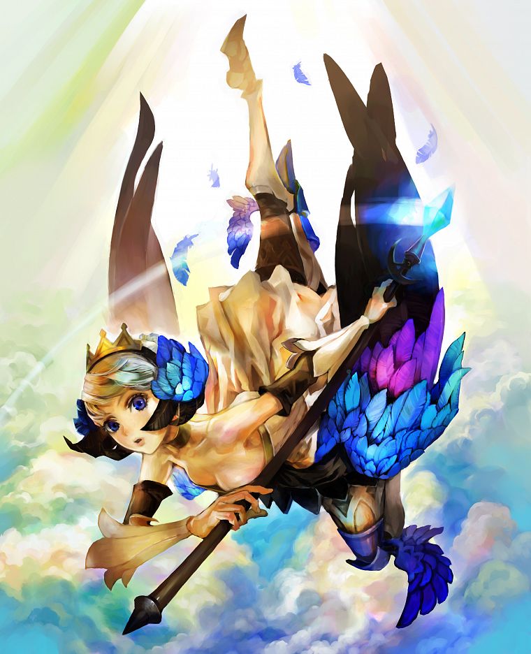 крылья, голубые глаза, перья, Сфера Odin, произведение искусства, Гвендолин, аниме девушки - обои на рабочий стол