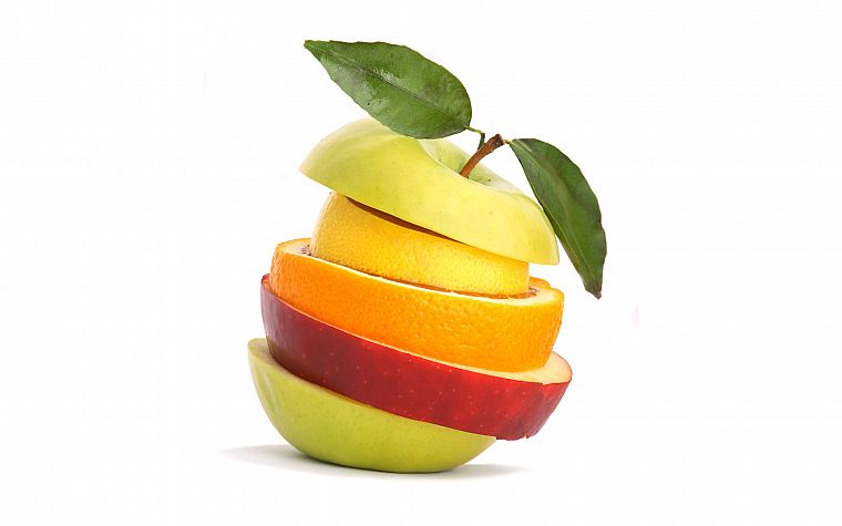 фрукты, апельсины, апельсиновые дольки, яблоки, лимоны, белый фон, ломтики - обои на рабочий стол