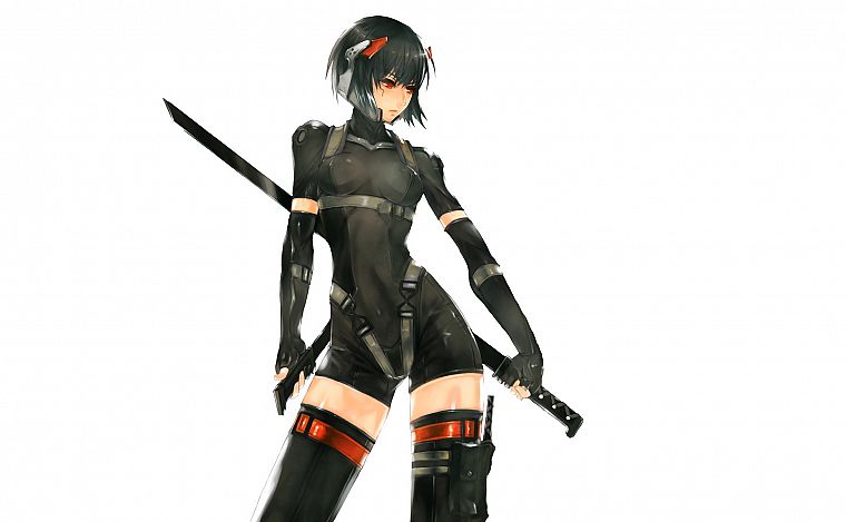черный цвет, Кусанаги Мотоко, оружие, бедра, трико, Призрак в доспехах, мягкие тени, девушки с мечами, простой фон, аниме девушки, Metal Gear Solid 4, Nidy - 2D- - обои на рабочий стол
