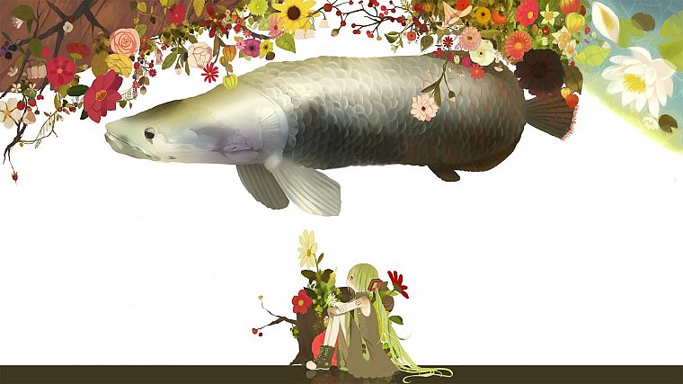 Вокалоид, цветы, Мику Хацунэ, рыба, хвостики - обои на рабочий стол