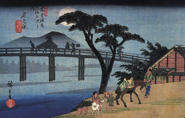 деревья, Луна, японский, мосты, лошади, произведение искусства, Укиё -э, Хиросигэ - обои на рабочий стол