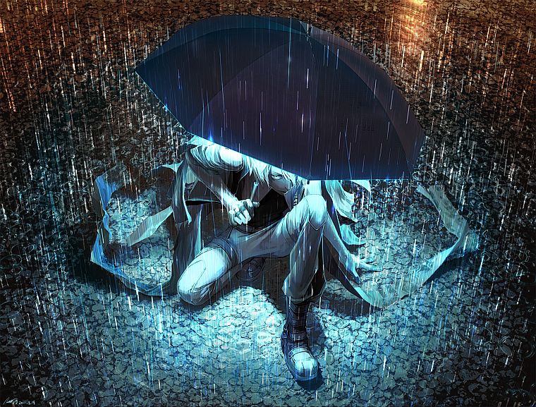 картины, ночь, дождь, аниме, зонтики, неоновые эффекты - обои на рабочий стол