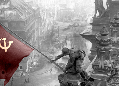 война, СССР, Берлин, Вторая мировая война, выборочная раскраска, российские флаги - обои на рабочий стол
