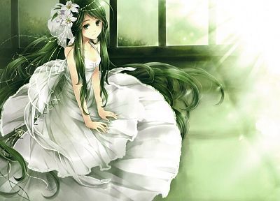 платье, цветы, длинные волосы, зеленые волосы, белое платье, аниме девушки - обои на рабочий стол