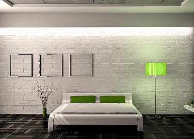 зеленый, минималистичный, кровати, интерьер, спальня - оригинальные обои рабочего стола