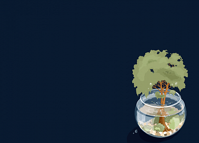 вода, деревья, бонсай, синий фон, аквариумы - оригинальные обои рабочего стола