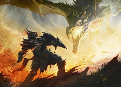 крылья, драконы, огонь, Фэнтази, доспехи, произведение искусства, воины, мечи, The Elder Scrolls V : Skyrim, игры - похожие обои для рабочего стола