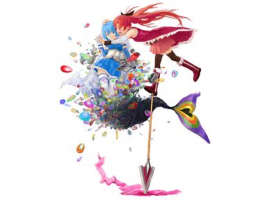 рыжеволосые, синие волосы, Mahou Shoujo Мадока Magica, Мики Саяка, Сакура Kyouko, аниме, аниме девушки - копия обоев рабочего стола