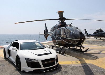 вертолеты, автомобили, транспортные средства, Audi R8 Razor GTR, белые автомобили, Eurocopter, EC135 - случайные обои для рабочего стола