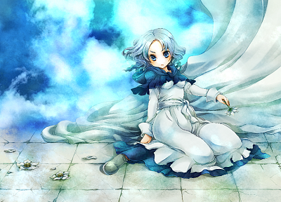 видеоигры, облака, Тохо, платье, цветы, голубые глаза, короткие волосы, сидящий, лепестки цветов, белое платье, коленях, седые волосы, небо, Kumoi Ichirin - обои на рабочий стол