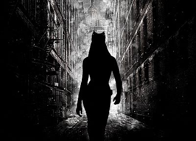 Энн Хэтэуэй, Бэтмен, силуэты, Женщина-кошка, Gotham City, Бэтмен Темный рыцарь: Возрождение легенды - случайные обои для рабочего стола