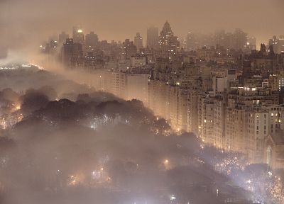 города, ночь, огни, туман, здания, Нью-Йорк - обои на рабочий стол