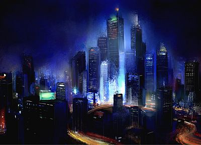 города, ночь, небоскребы, произведение искусства, Филипп Штрауб - обои на рабочий стол