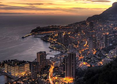 побережье, города, ночь, огни, городской, здания, небоскребы, Монако - похожие обои для рабочего стола