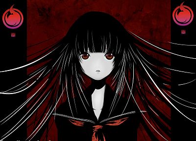 темнота, школьная форма, школьницы, Jigoku Shoujo, длинные волосы, красные глаза, Енма Ai, аниме девушки, бледная кожа, морская форма, челка, черные волосы - копия обоев рабочего стола