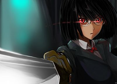 очки, оружие, красные глаза, Durarara !, Sonohara Анри, meganekko, аниме девушки, мечи, черные волосы - обои на рабочий стол