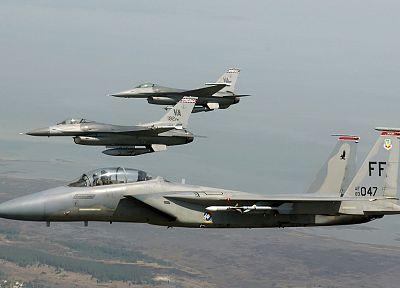 самолет, военный, F-15 Eagle, F- 16 Fighting Falcon - обои на рабочий стол