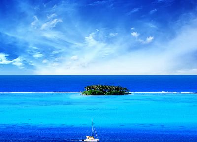 синий, океан, облака, пейзажи, природа, корабли, острова, небо - обои на рабочий стол