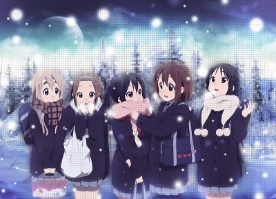 снег, Hirasawa Юи, Акияма Мио, Tainaka Ritsu, Kotobuki Tsumugi, Накано Азуса, аниме - копия обоев рабочего стола
