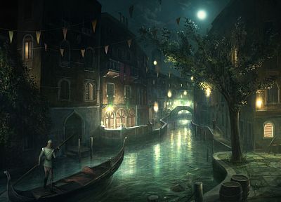 видеоигры, города, Луна, корабли, произведение искусства, Assassins Creed 2, реки, гондолы - обои на рабочий стол