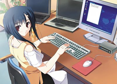 компьютеры, клавишные, короткие волосы, большие глаза, столы, мыши, аниме девушки, ноутбук - оригинальные обои рабочего стола
