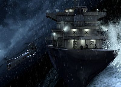 дождь, вертолеты, буря, Чувство долга, корабли, транспортные средства, Call Of Duty 4 : Modern Warfare - оригинальные обои рабочего стола