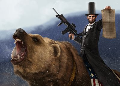 пистолеты, Авраам Линкольн, компьютерная графика, медведи, 3D (трехмерный) - оригинальные обои рабочего стола