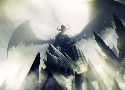 видеоигры, крылья, драконы, скалы, туман, Guild Wars 2 - оригинальные обои рабочего стола