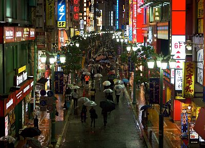 Япония, огни, дождь, зонтики, города, пешеходы - обои на рабочий стол