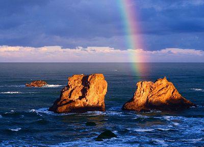 океан, скалы, радуга, небо - оригинальные обои рабочего стола