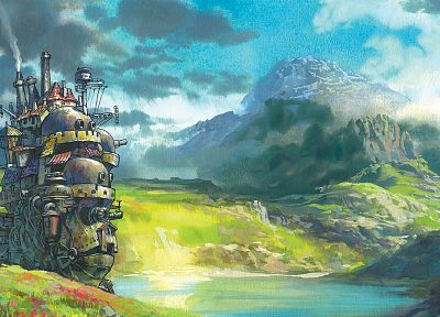 горы, пейзажи, Фэнтази, аниме, реки, Ходячий замок, hauru - оригинальные обои рабочего стола