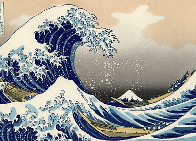 вода, волны, японский, произведение искусства, Большая волна в Канагава, Кацусика Хокусай, Тридцать шесть видов горы Фудзи - копия обоев рабочего стола