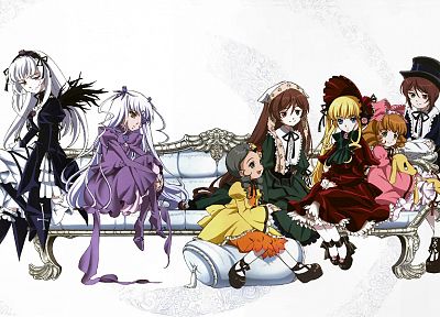 Rozen Maiden, Shinku, Suiseiseki, Suigintou, Souseiseki, Kanaria, аниме, Хина Ичиго, простой фон, Barasuishou - случайные обои для рабочего стола