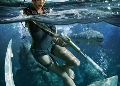 видеоигры, Tomb Raider, Лара Крофт, акулы - оригинальные обои рабочего стола