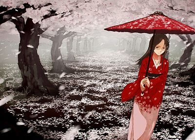 вишни в цвету, зонтики, японская одежда - случайные обои для рабочего стола