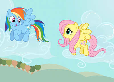 летать, Флаттершай, пони, Рэйнбоу Дэш, My Little Pony : Дружба Магия - оригинальные обои рабочего стола