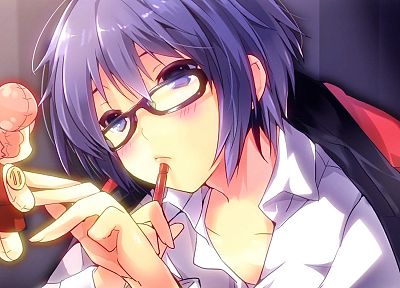 очки, фиолетовые волосы, Hidamari Sketch, meganekko, аниме девушки, художник - похожие обои для рабочего стола