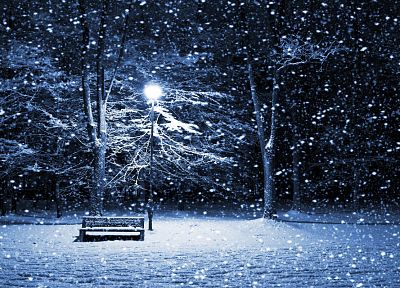 зима, снег, ночь, скамья, фонарные столбы - обои на рабочий стол