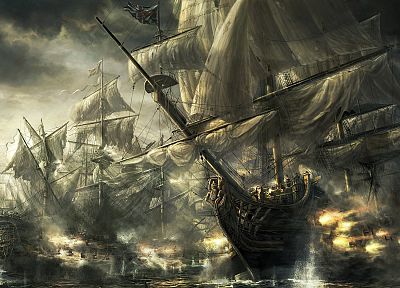 океан, война, корабли, пушки, сражения, произведение искусства, Radojavor, паруса - случайные обои для рабочего стола