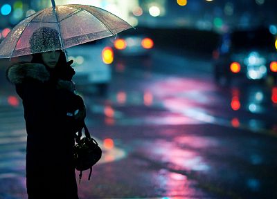 девушки, города, дождь, на открытом воздухе, светофоры, боке, зонтики - копия обоев рабочего стола