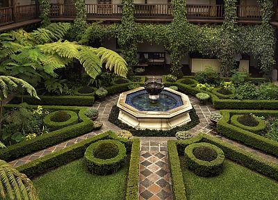 сад, геометрия, двор, отели, кусты, фонтан - оригинальные обои рабочего стола